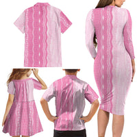 Vintage Pink Hawaiian Traditional Kapa Mix Flowers Lei Family Matching Long Sleeve Bodycon Dress and Hawaiian Shirt