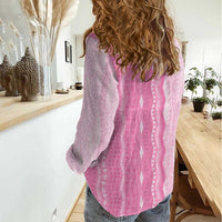 Vintage Pink Hawaiian Traditional Kapa Mix Flowers Lei Women Casual Shirt