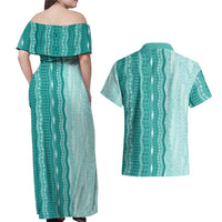 Vintage Teal Hawaiian Traditional Kapa Mix Flowers Lei Couples Matching Off Shoulder Maxi Dress and Hawaiian Shirt