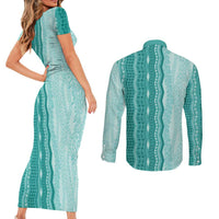 Vintage Teal Hawaiian Traditional Kapa Mix Flowers Lei Couples Matching Short Sleeve Bodycon Dress and Long Sleeve Button Shirt