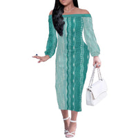 Vintage Teal Hawaiian Traditional Kapa Mix Flowers Lei Family Matching Off The Shoulder Long Sleeve Dress and Hawaiian Shirt