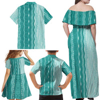 Vintage Teal Hawaiian Traditional Kapa Mix Flowers Lei Family Matching Off Shoulder Maxi Dress and Hawaiian Shirt