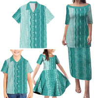 Vintage Teal Hawaiian Traditional Kapa Mix Flowers Lei Family Matching Puletasi and Hawaiian Shirt