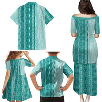 Vintage Teal Hawaiian Traditional Kapa Mix Flowers Lei Family Matching Puletasi and Hawaiian Shirt