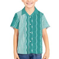 Vintage Teal Hawaiian Traditional Kapa Mix Flowers Lei Family Matching Puletasi and Hawaiian Shirt