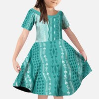Vintage Teal Hawaiian Traditional Kapa Mix Flowers Lei Family Matching Short Sleeve Bodycon Dress and Hawaiian Shirt