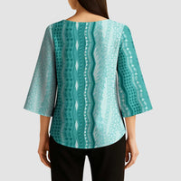 Vintage Teal Hawaiian Traditional Kapa Mix Flowers Lei Kimono Sleeve Blouse