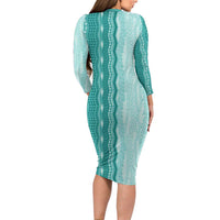 Vintage Teal Hawaiian Traditional Kapa Mix Flowers Lei Long Sleeve Bodycon Dress
