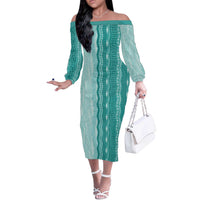 Vintage Teal Hawaiian Traditional Kapa Mix Flowers Lei Off The Shoulder Long Sleeve Dress