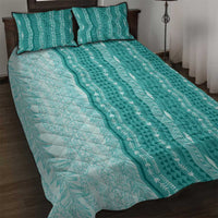 Vintage Teal Hawaiian Traditional Kapa Mix Flowers Lei Quilt Bed Set