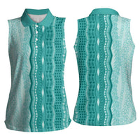 Vintage Teal Hawaiian Traditional Kapa Mix Flowers Lei Women Sleeveless Polo Shirt