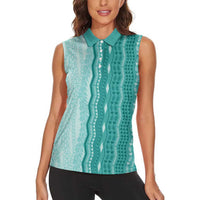 Vintage Teal Hawaiian Traditional Kapa Mix Flowers Lei Women Sleeveless Polo Shirt