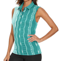 Vintage Teal Hawaiian Traditional Kapa Mix Flowers Lei Women Sleeveless Polo Shirt