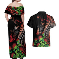 Aloha Hawaii Manta Rays Couples Matching Off Shoulder Maxi Dress and Hawaiian Shirt Red Ohia Lehua