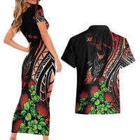 Aloha Hawaii Manta Rays Couples Matching Short Sleeve Bodycon Dress and Hawaiian Shirt Red Ohia Lehua