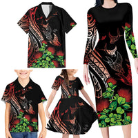 Aloha Hawaii Manta Rays Family Matching Long Sleeve Bodycon Dress and Hawaiian Shirt Red Ohia Lehua