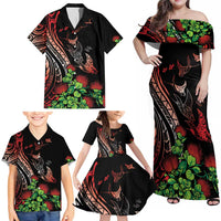 Aloha Hawaii Manta Rays Family Matching Off Shoulder Maxi Dress and Hawaiian Shirt Red Ohia Lehua