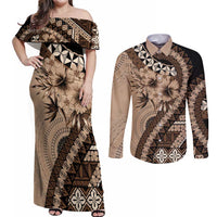Bula Fiji Couples Matching Off Shoulder Maxi Dress and Long Sleeve Button Shirt Mocha Brown Kaivity Masi Tapa