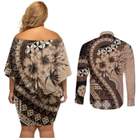 Bula Fiji Couples Matching Off Shoulder Short Dress and Long Sleeve Button Shirt Mocha Brown Kaivity Masi Tapa