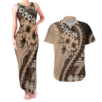 Bula Fiji Couples Matching Tank Maxi Dress and Hawaiian Shirt Mocha Brown Kaivity Masi Tapa