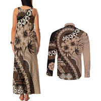 Bula Fiji Couples Matching Tank Maxi Dress and Long Sleeve Button Shirt Mocha Brown Kaivity Masi Tapa