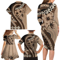 Bula Fiji Family Matching Long Sleeve Bodycon Dress and Hawaiian Shirt Mocha Brown Kaivity Masi Tapa