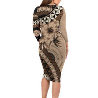 Bula Fiji Family Matching Long Sleeve Bodycon Dress and Hawaiian Shirt Mocha Brown Kaivity Masi Tapa