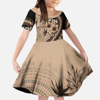 Bula Fiji Family Matching Off Shoulder Maxi Dress and Hawaiian Shirt Mocha Brown Kaivity Masi Tapa LT7 Daughter's Dress Brown - Polynesian Pride