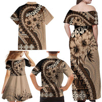 Bula Fiji Family Matching Off Shoulder Maxi Dress and Hawaiian Shirt Mocha Brown Kaivity Masi Tapa LT7 - Polynesian Pride