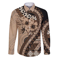 Bula Fiji Family Matching Off Shoulder Maxi Dress and Hawaiian Shirt Mocha Brown Kaivity Masi Tapa LT7 Dad's Shirt - Long Sleeve Brown - Polynesian Pride