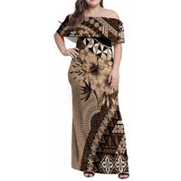 Bula Fiji Family Matching Off Shoulder Maxi Dress and Hawaiian Shirt Mocha Brown Kaivity Masi Tapa LT7 Mom's Dress Brown - Polynesian Pride