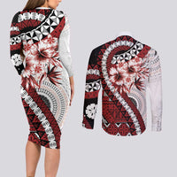 Bula Fiji Couples Matching Long Sleeve Bodycon Dress and Long Sleeve Button Shirt White Kaivity Masi Tapa