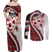 Bula Fiji Couples Matching Off Shoulder Maxi Dress and Long Sleeve Button Shirt White Kaivity Masi Tapa