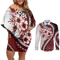 Bula Fiji Couples Matching Off Shoulder Short Dress and Long Sleeve Button Shirt White Kaivity Masi Tapa LT7 White - Polynesian Pride