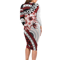 Bula Fiji Family Matching Long Sleeve Bodycon Dress and Hawaiian Shirt White Kaivity Masi Tapa