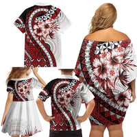 Bula Fiji Family Matching Off Shoulder Short Dress and Hawaiian Shirt White Kaivity Masi Tapa