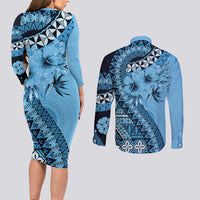 Bula Fiji Couples Matching Long Sleeve Bodycon Dress and Long Sleeve Button Shirt Turquoise Kaivity Masi Tapa