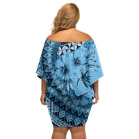 Bula Fiji Family Matching Off Shoulder Short Dress and Hawaiian Shirt Turquoise Kaivity Masi Tapa