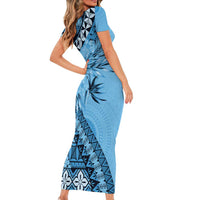 Bula Fiji Family Matching Short Sleeve Bodycon Dress and Hawaiian Shirt Turquoise Kaivity Masi Tapa
