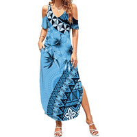 Bula Fiji Family Matching Summer Maxi Dress and Hawaiian Shirt Turquoise Kaivity Masi Tapa