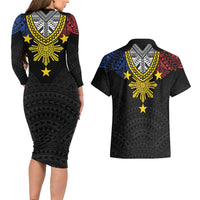 Philippines Heritage Baybayin Mix Polynesian Couples Matching Long Sleeve Bodycon Dress and Hawaiian Shirt