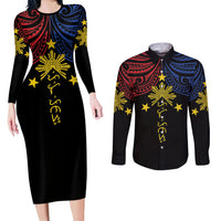 Philippines Heritage Personalized Couples Matching Long Sleeve Bodycon Dress and Long Sleeve Button Shirt Baybayin Philipinas Sun LT7 Black - Polynesian Pride