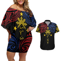 Philippines Heritage Personalized Couples Matching Off Shoulder Short Dress and Hawaiian Shirt Baybayin Philipinas Sun