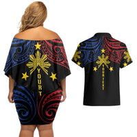 Philippines Heritage Personalized Couples Matching Off Shoulder Short Dress and Hawaiian Shirt Baybayin Philipinas Sun