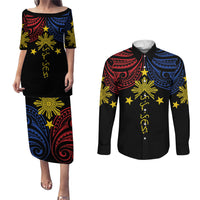 Philippines Heritage Personalized Couples Matching Puletasi and Long Sleeve Button Shirt Baybayin Philipinas Sun