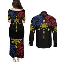 Philippines Heritage Personalized Couples Matching Puletasi and Long Sleeve Button Shirt Baybayin Philipinas Sun