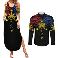 Philippines Heritage Personalized Couples Matching Summer Maxi Dress and Long Sleeve Button Shirt Baybayin Philipinas Sun