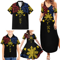 Philippines Heritage Personalized Family Matching Summer Maxi Dress and Hawaiian Shirt Baybayin Philipinas Sun