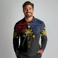 Philippines Heritage Personalized Long Sleeve Polo Shirt Baybayin Philipinas Sun
