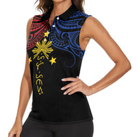 Philippines Heritage Personalized Women Sleeveless Polo Shirt Baybayin Philipinas Sun